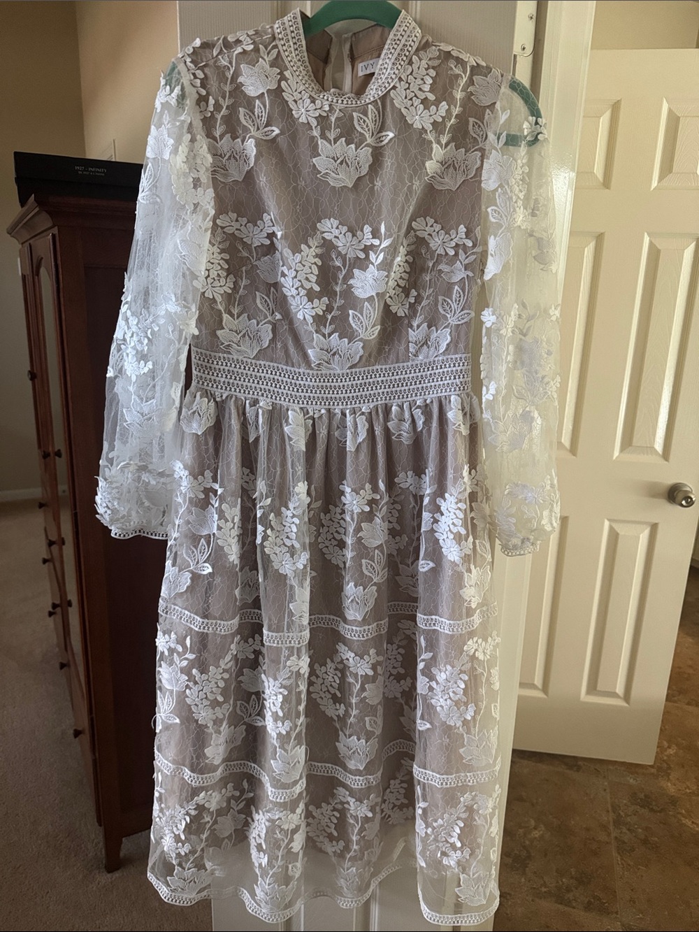 Ivy City Sheer Floral Lace Midi Dress in Ivory